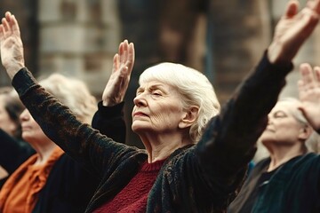 Senior women raising hands in outdoor yoga class