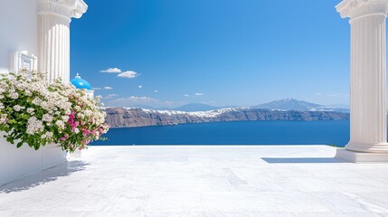 Aegean Sea view from white columns, flowers, sunny day, travel postcard