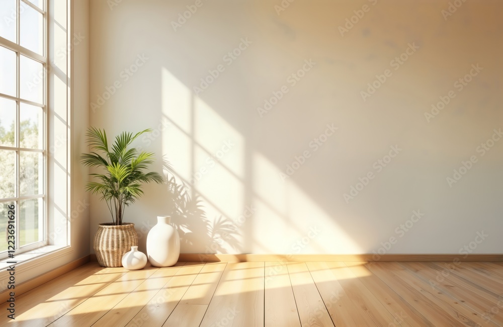 Poster empty room with sunlight through window casting shadows on wall. wooden floor, white walls create br