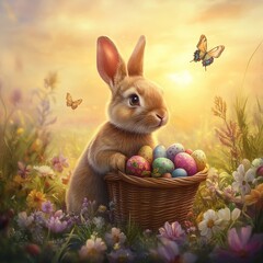 A cute bunny sitting amidst a meadow, holding a basket filled with vibrant, intricately decorated Easter eggs, surrounded by blossoms under a golden sunset.