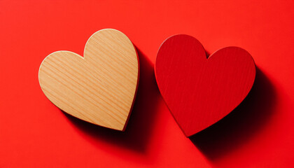 Obraz premium Two wooden hearts, one red and one natural, vertically aligned on a deep red background with dramatic shadows.