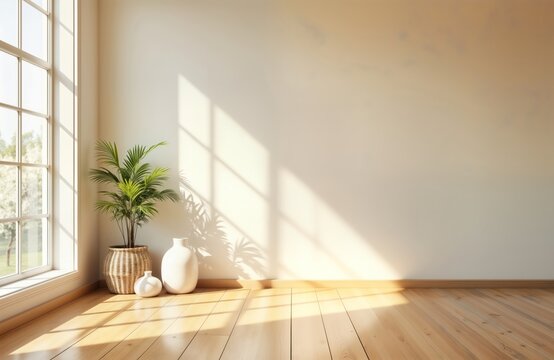 Empty room with sunlight through window casting shadows on wall. Wooden floor, white walls create bright, minimalist interior. Natural light illuminates space. Stylish, modern design. Great - Powered by Adobe