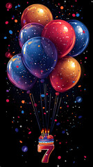7th Birthday Celebration Concept with Balloons, Cake, and Number 7