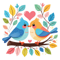 A vibrant illustration of two cartoon birds, one yellow and one blue, positioned on a branch