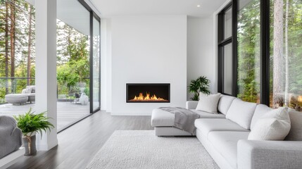 Fototapeta premium Modern living room with fireplace, patio view, relaxation. Ideal for home design websites