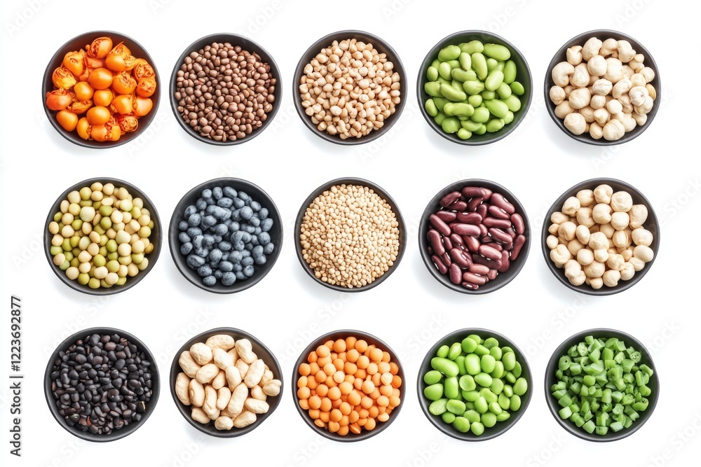 Poster a collection of different colored beans and nuts in bowls. the bowls are arranged in a row and are f