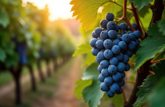 Blue grapes hang from vine in vineyard. Sunlight shines through leaves. Focus on cluster of grapes. Rich green leaves surround grapes. Blurred background shows vines. Agriculture, nature concept.