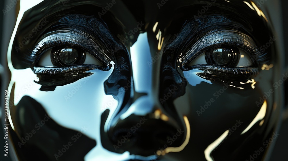 Poster a close up of a face with a shiny, reflective surface. the eyes are large and seem to be staring at 