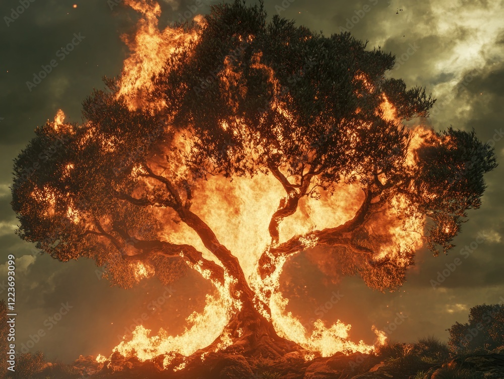 Poster a tree is on fire and surrounded by flames. the fire is so intense that it is almost as if the tree 