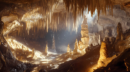A cavern where the air is filled with glittering, crystalline stalactites and towering stalagmites, sparkling cavern walls, twinkling stalagmites. Sparkling Cavern. Illustration