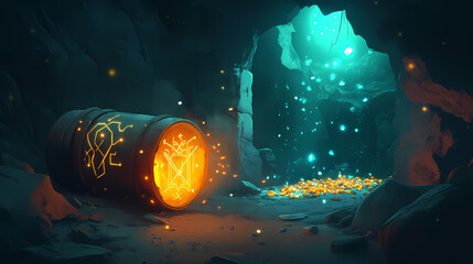 Obraz premium A magical depiction of enchanted dynamite glowing with mystical runes and a sparkling fuse, placed in a treasure-filled cavern. Sparkling Cavern. Illustration