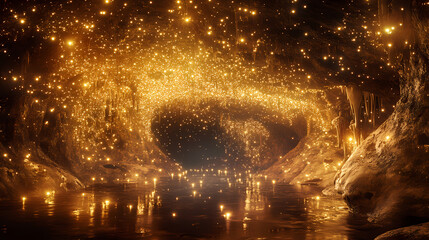 A mesmerizing fantasy cave illuminated with glowing lights and sparkling particles, creating a magical and mystical underground atmosphere. Sparkling Cavern. Illustration