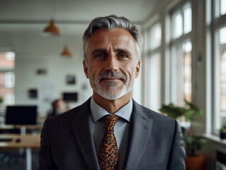 Fototapeta premium Senior businessman in a suit sitting at an office desk with a serious and confident expression