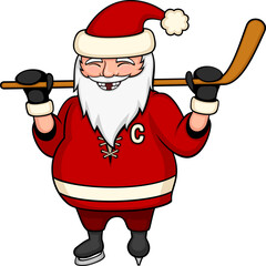 Vector illustration of a cartoon Santa Claus in an ice hockey uniform, holding a hockey stick, smiling to show missing teeth.