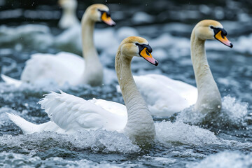 Obraz premium A group of swans swimming in a body of water