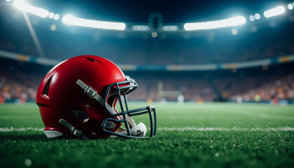 Close-up of a red football helmet on grass with a blurred stadium background under bright lights.