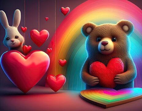 dia del amor 3 corazones rojos 3D en el borde izquierdo, un oso con polera toma la mano a un conejo con polera, adorable, escena tierna, amorosa, un sendero de corazones, al fondo un arco iris