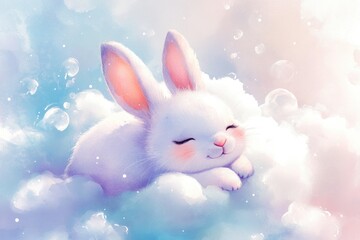 A rabbit is sleeping in the clouds. The rabbit is white and has a pink nose