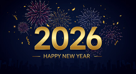 Happy New Year 2026 Fireworks Celebration - City Skyline Background
