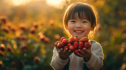両手いっぱいのいちごを抱えて笑顔を見せる日本人の子どもの愛らしい瞬間