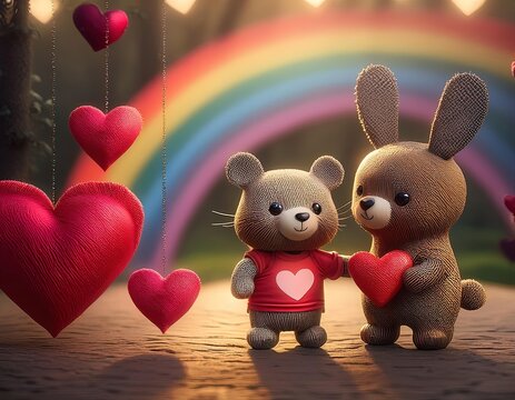 dia del amor, corazones rojos 3D en el borde izquierdo, al centro un oso, un conejo con polera tomandos de la mano, escena tierna, amorosa, adorable, un sendero de corazones, al fondo un arco iris