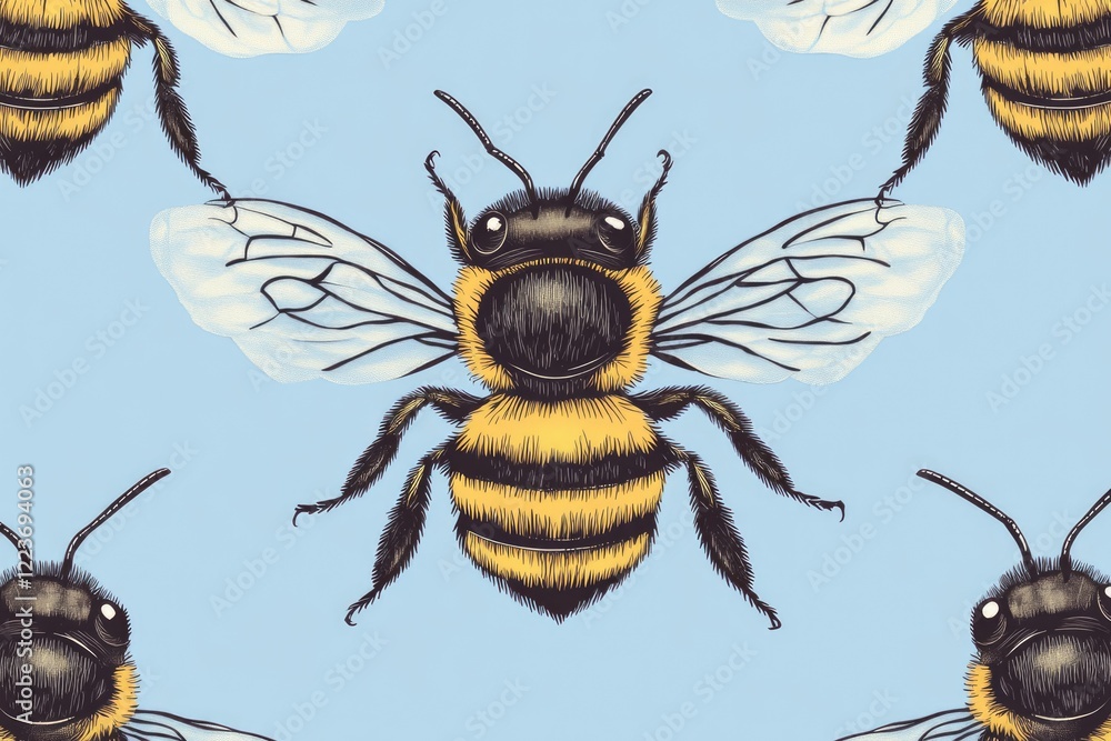 Poster a drawing of a bee with its wings spread out. the bee is surrounded by other bees, creating a patter