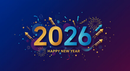 Happy New Year 2026 Celebration: Fireworks, Gold, Blue, Festive Design
