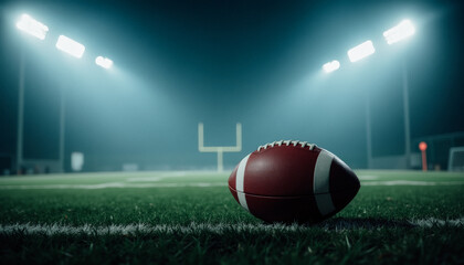 A football lying on a green field with a blurred stadium and bright lights in the distance.