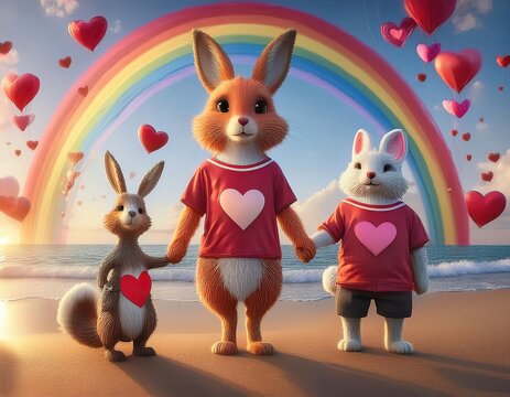 una coneja hembra, un conejo macho, y un zorro macho tomados de la mano, con polera estampada de coraz&oacute;n, textura de pelo realista, escena tierna, amorosa, adorable, al fondo de playa con un arco iris