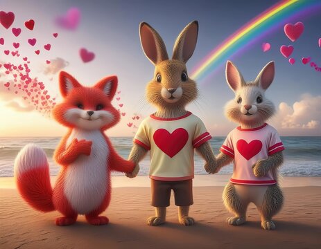 una coneja hembra, un conejo macho, y un zorro macho tomados de la mano, con polera estampada de coraz&oacute;n, textura de pelo realista, escena tierna, amorosa, adorable, al fondo de playa con un arco iris