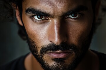 Obraz premium A close-up portrait of a man exuding intensity and mystery, with striking blue eyes and a defined beard, captured in deep contrast and a cinematic style.