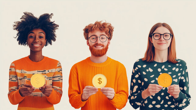People from different backgrounds all holding the same amount of coins. Concept of egalitarian distribution of wealth in a free market economy.
