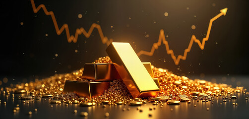 Gold bars stacked high on dark surface covered with gold particles, coins. Rising stock market graph hovers above gold. Suggests concept of financial growth, investment. Gold depicted as valuable