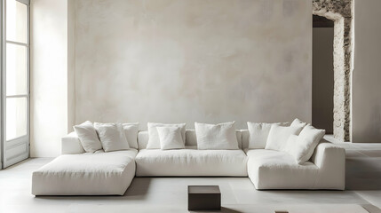 Minimalist Living Room with White Sofa and Blank Wall for Decor