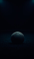 A soccer ball placed on a grassy field, highlighted by the dramatic glow of stadium lights at night.
