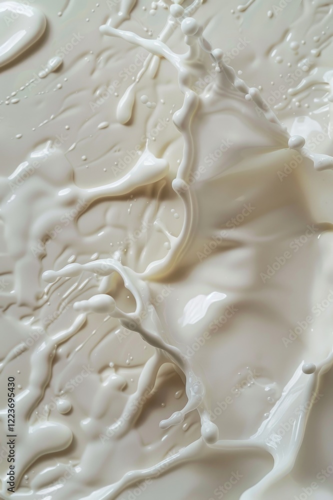 Poster the image is of a white liquid with white splatters all over it. the splatters are in various sizes 