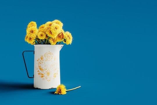 White vintage jug full of beautiful dandelion flowers on blue background with copy space. 3D Rendering, 3D Illustration