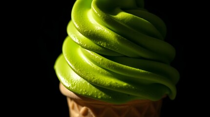 close up of matcha soft serve in a ice cream cone, large space for copy