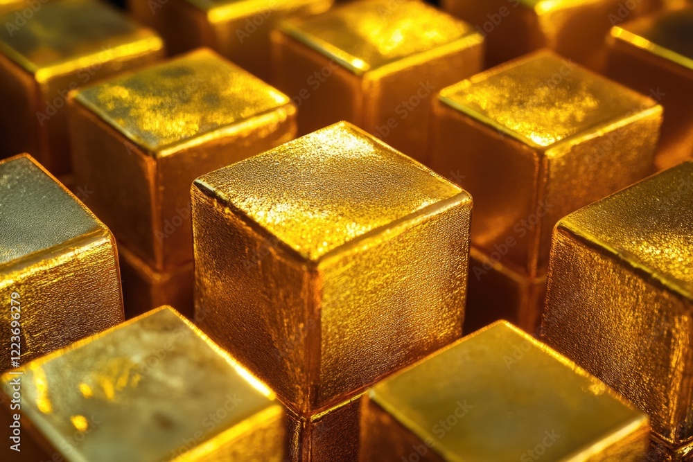 Poster a row of gold cubes with a shiny, reflective surface. the cubes are arranged in a way that creates a