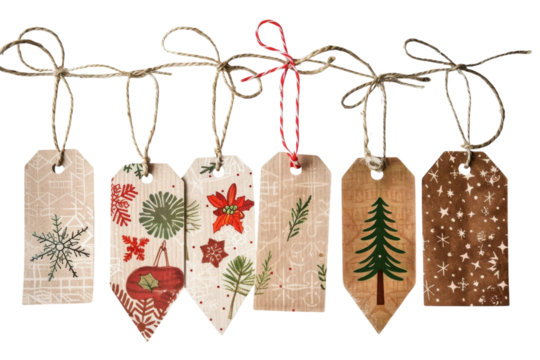 Handcrafted holiday gift tags adorned with festive designs hanging on twine against a light background inviting seasonal cheer isolated on transparent background