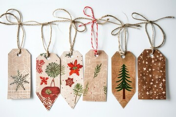 Handcrafted holiday gift tags adorned with festive designs hanging on twine against a light background inviting seasonal cheer isolated on transparent background