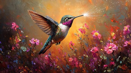 Fototapeta premium Painting a tiny hummingbird hovering near a garden sprinkler, rainbows glistening in the mist