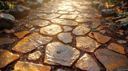 Sunlit stone path, forest, wet, autumn, journey