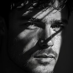 Naklejka premium An expressive male portrait using shadow effects to create depth and drama, the work skillfully captures emotion and detail in powerful black and white imagery.
