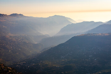 Landscape view over Lebanese mountains in sunset.