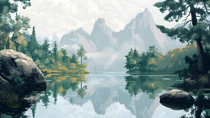 Naklejka premium Peaceful Mountain Lake with Reflection of Majestic Peaks