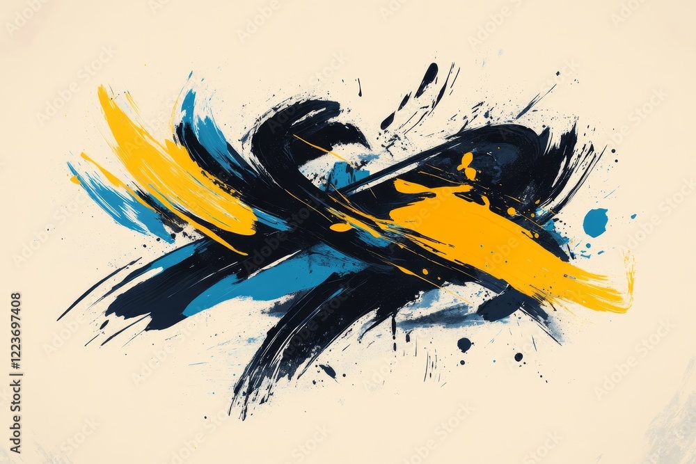 Poster expressive artwork showcasing bold strokes in deep blue intertwined with dynamic yellow splashes, ca
