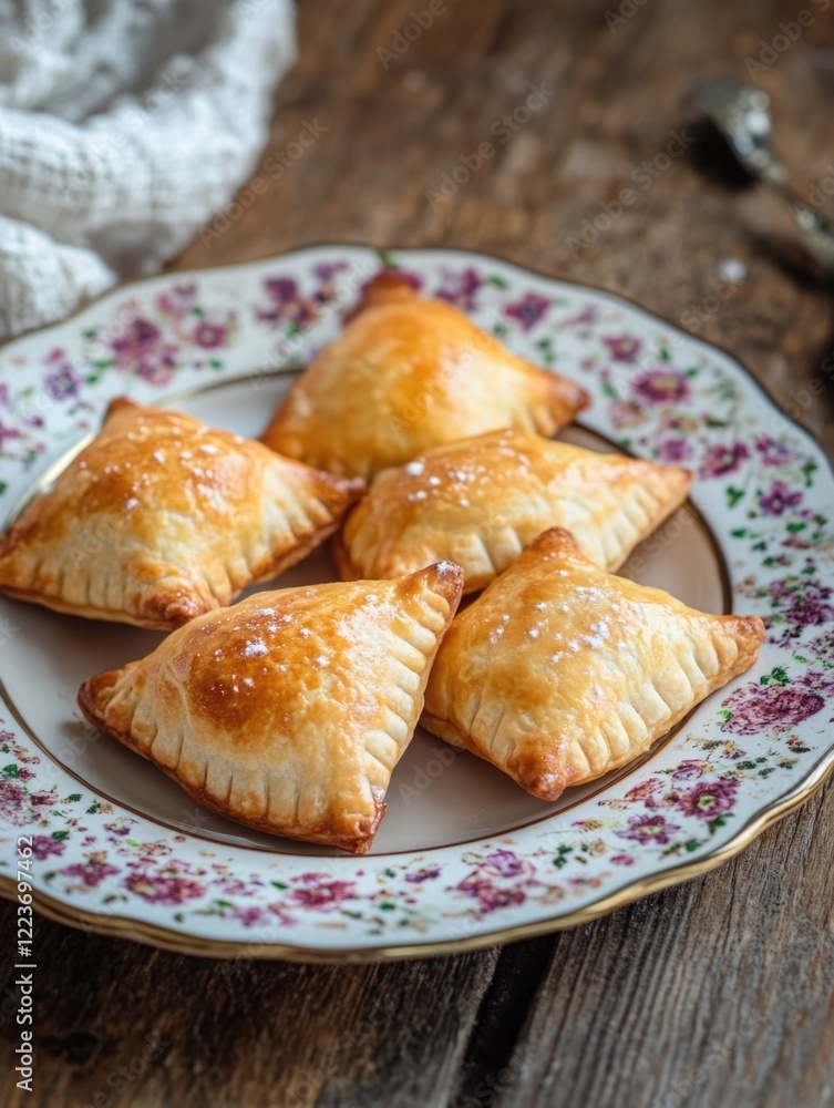 Poster a plate of pastries with a floral pattern on it. the pastries are arranged in a neat row