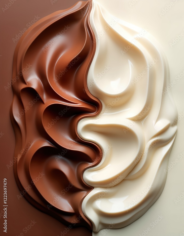 Aufkleber Gourmet chocolate, cocoa cream spread swirl pattern in high quality close up shot. Creamy textures flow in wave pattern. Rich colors, smooth surfaces. Perfect dessert food ingredient concept.