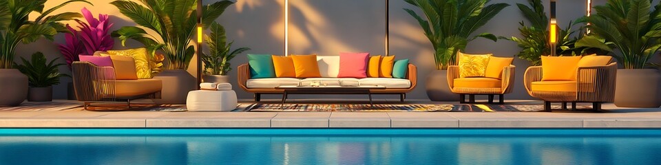 Luxurious rooftop poolside setup with chic furniture and tropical plants